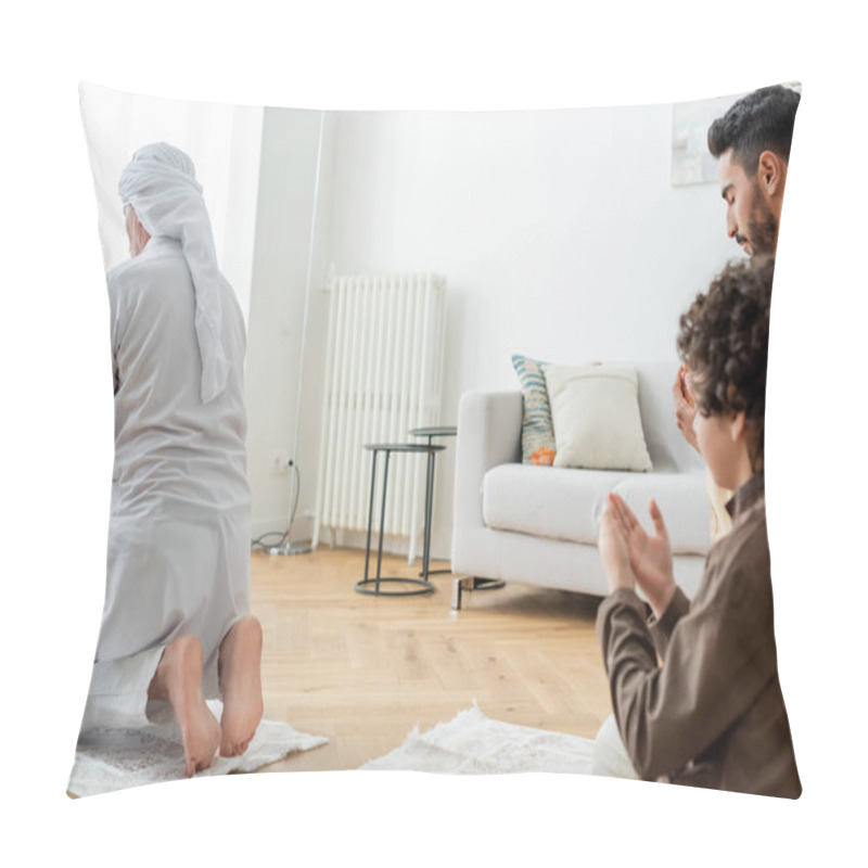 Personality  Middle Aged Muslim Man Praying Near Blurred Grandson And Son At Home  Pillow Covers