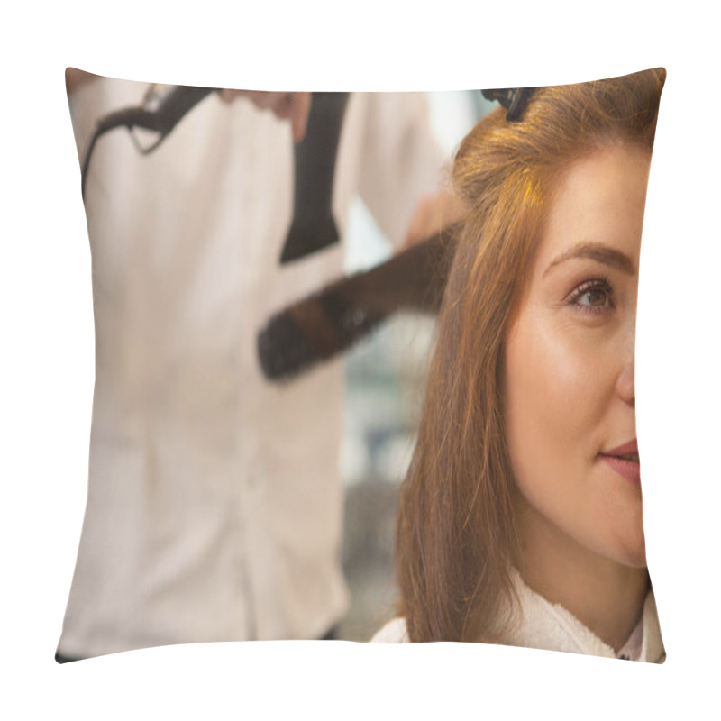 Personality  Cropped Close Up Of A Beautiful Long Haired Woman Getting New Hairstyle At Beauty Salon. Professional Hairdresser Using Blow Dryer And Round Brush, Styling Hair Of Female Client, Copy Space. Beauty Concept Pillow Covers