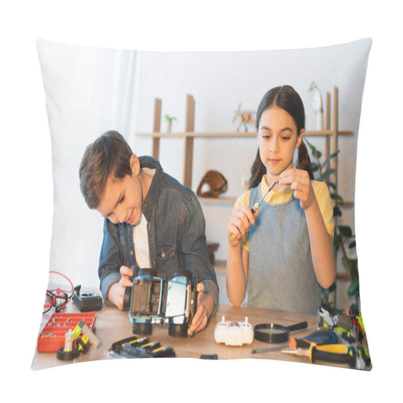 Personality  Preteen Girl Holding Screwdriver While Boy Assembling Car Model Near Mechanical Parts On Table Pillow Covers