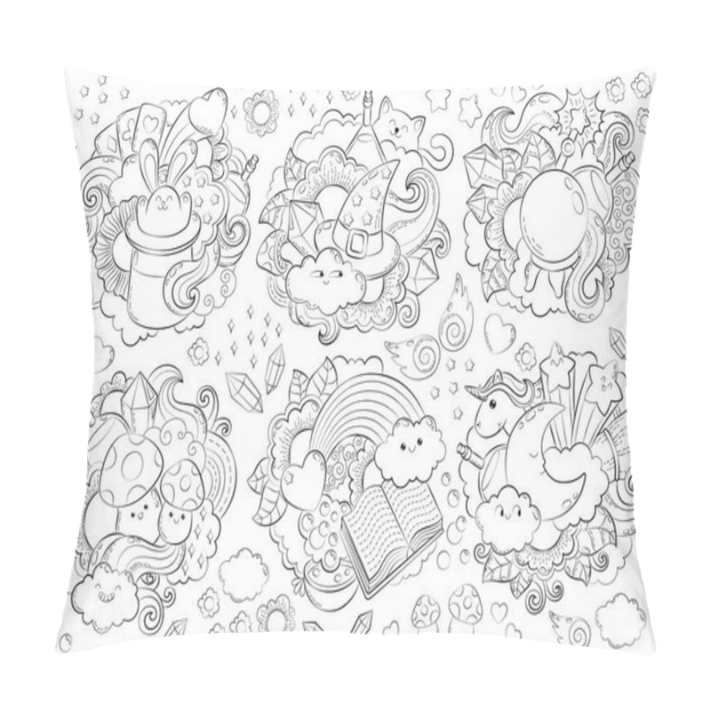 Personality  Halloween Concept. Hand Drawn Doodle Illustration. Seamless Magic Pattern. Cartoon Doodle Patches And Badges. Anti-stress Coloring Page For Adult Pillow Covers