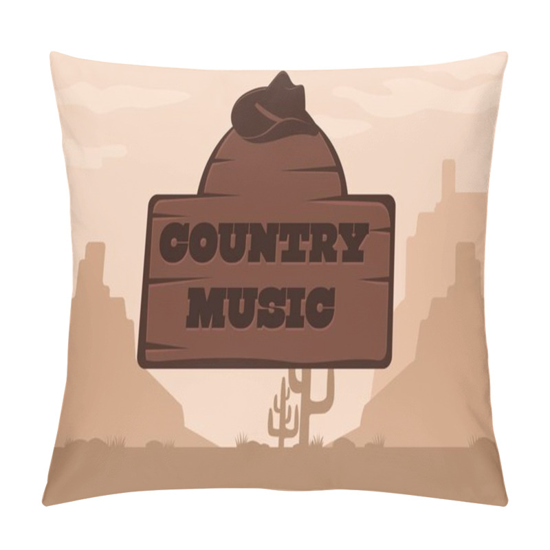 Personality  Country Music Poster With Cowboy Hat On The Background Of A Scenic Landscape. Vector Illustration On The Theme Of The Wild West With Desert American Prairies In Retro Style Pillow Covers