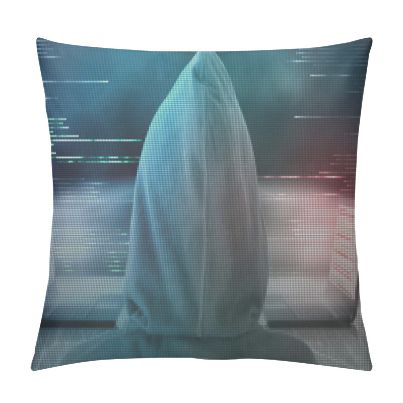 Personality  Pixelated Hacker Peek At Digital Data Transfer Between Two Computers Pillow Covers