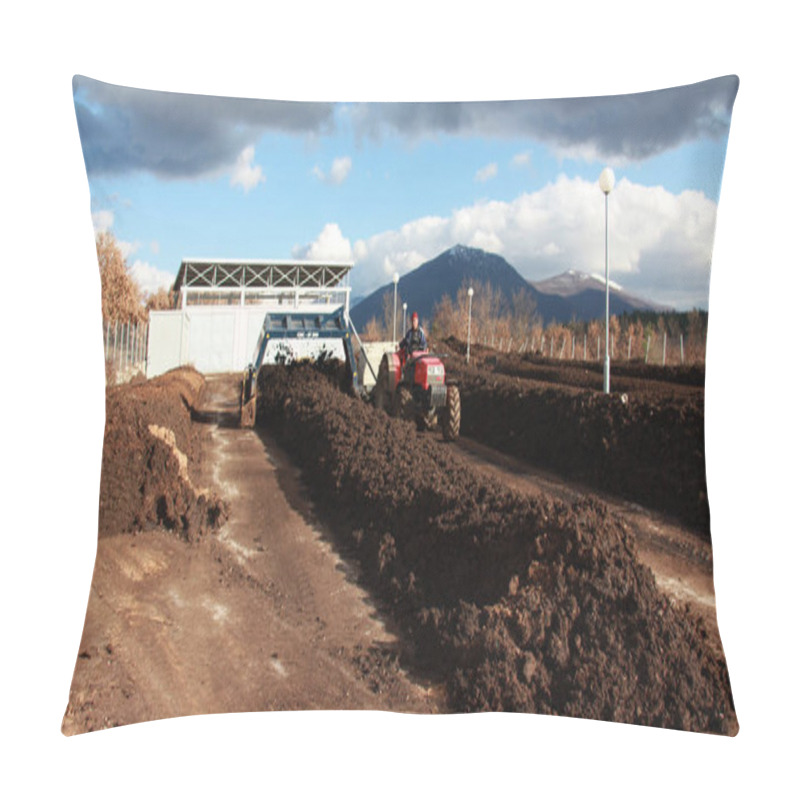 Personality  RESEN, MACEDONIA - MARCH 6, 2017: Tractor Mixing Manure,organic Waste And Soil For Producing High Quality Compost On The Producing Plant Near City Of Resen, Macedonia Pillow Covers