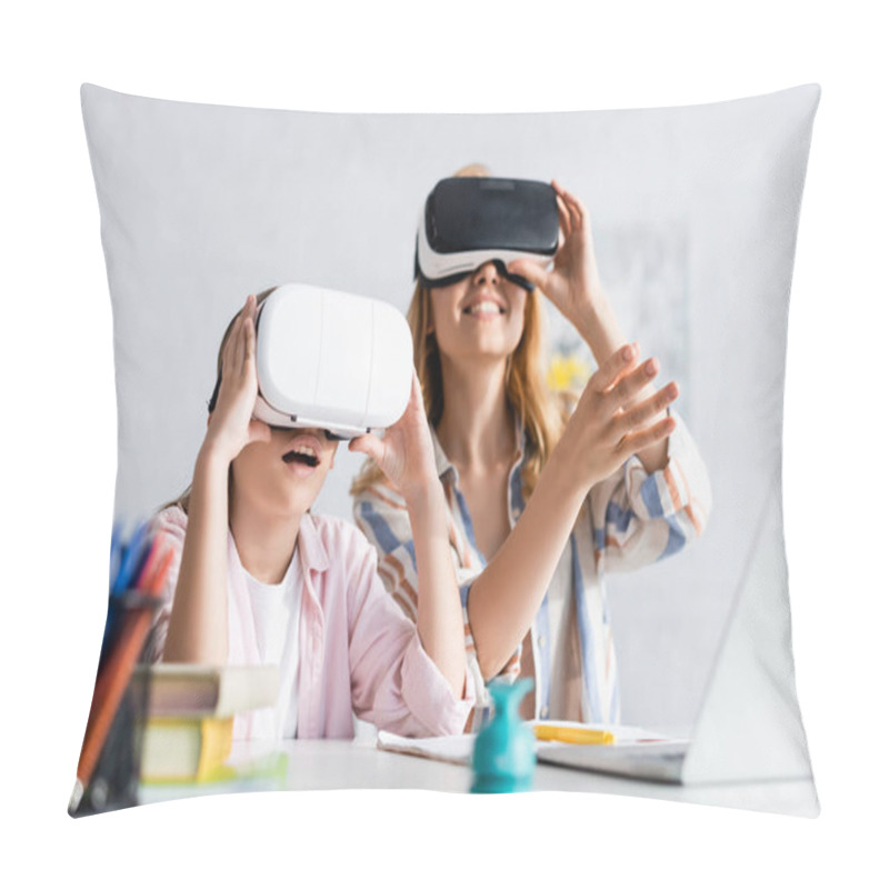 Personality  Selective Focus Of Excited Kid Using Vr Headset Near Mother During Online Education  Pillow Covers