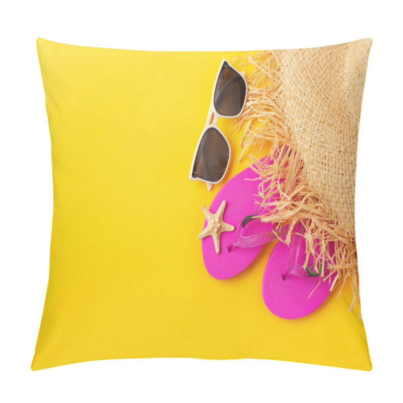 Personality  Flip Flops Straw Hat Sunglesses And Starfish On Yellow Background Vacation Travel Planning Mockup Pillow Covers