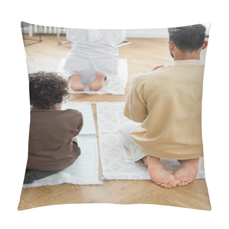 Personality  Back View Of Arabian Father And Son Praying Near Mature Grandfather At Home  Pillow Covers