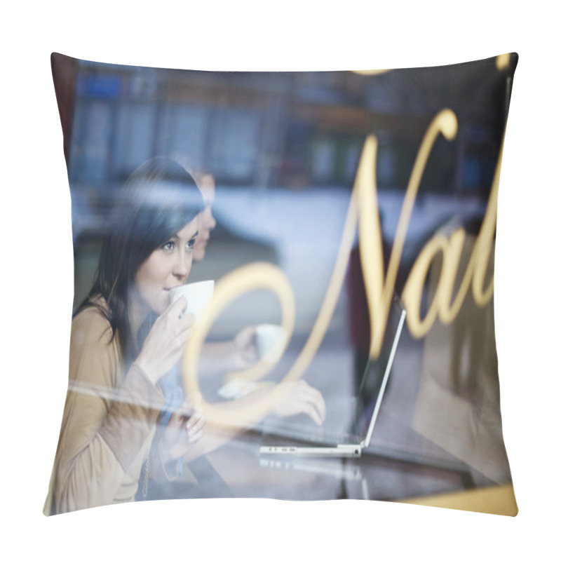 Personality  Young Woman In Coffee Shop Pillow Covers