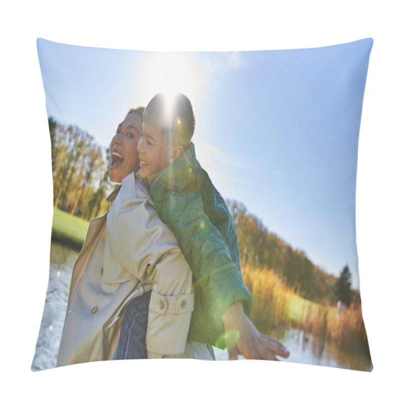 Personality  Candid, Free Spirit, Excited Mother Piggybacking Son, African American Woman And Boy, Autumn Pillow Covers