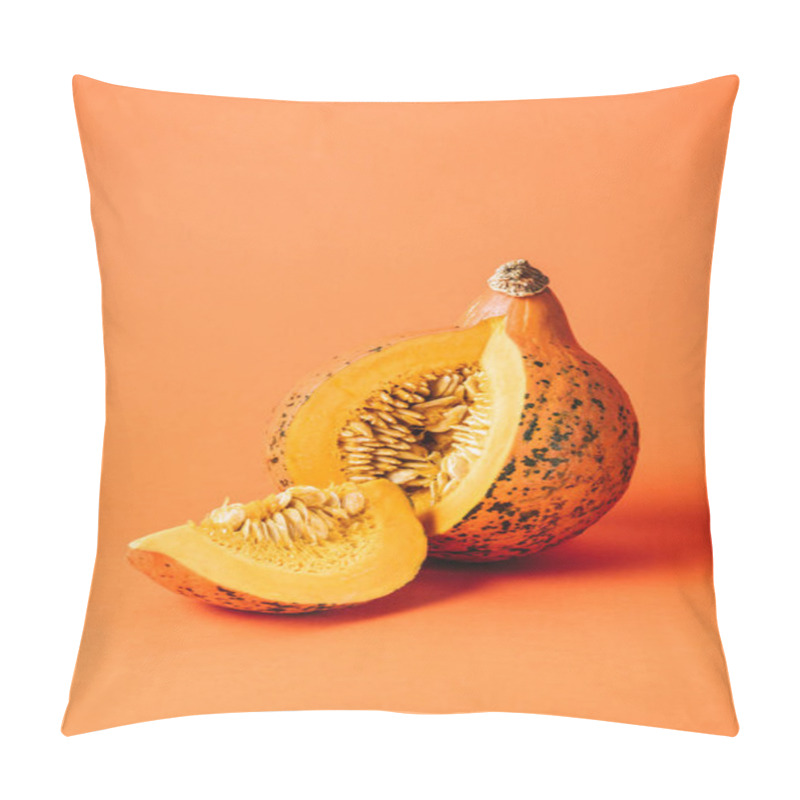 Personality  Close Up View Of Cut Raw Pumpkin On Orange Background Pillow Covers