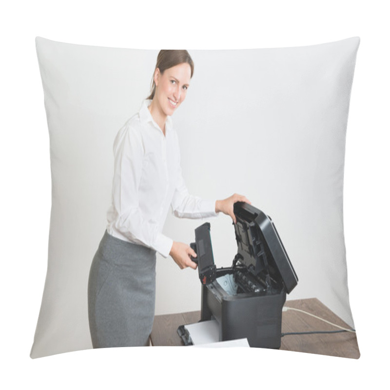 Personality  Businesswoman Holding Laser Cartridge With Printer Pillow Covers