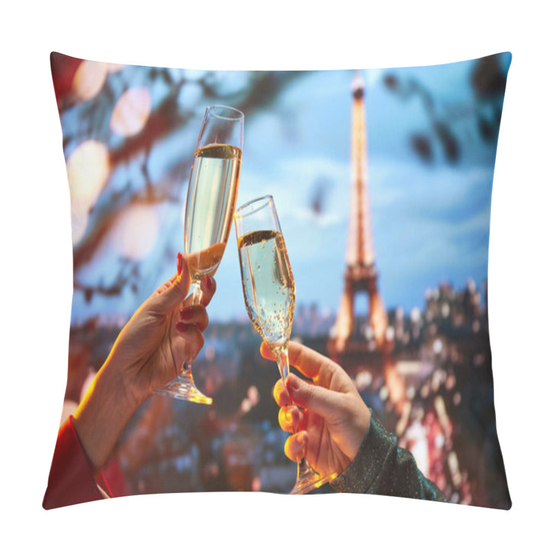 Personality  Fine Dining Restaurant In Paris Marketing Their Terrace View And Premium Drinks. Female Hands In Dresses Clinking Champagne Glasses Over Beautiful Parisian View. Holidays, Celebration, Events Concept Pillow Covers