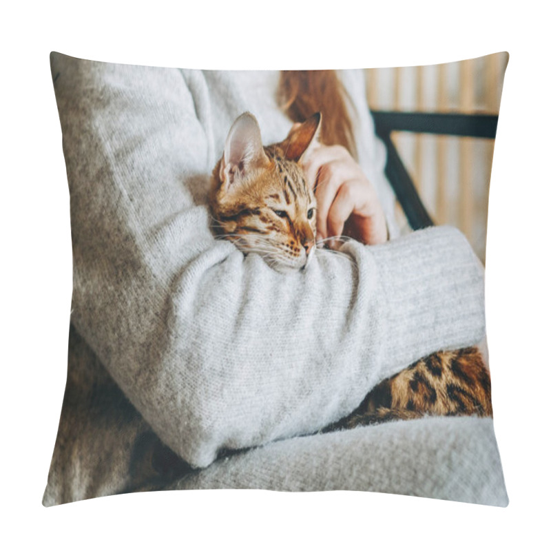 Personality  Love For Cats. A Woman Sits In A Chair At Home And Holds Her Beloved Bengal Cat In Her Arms. A Cozy Evening With Your Beloved Cat In Your Arms. Pillow Covers