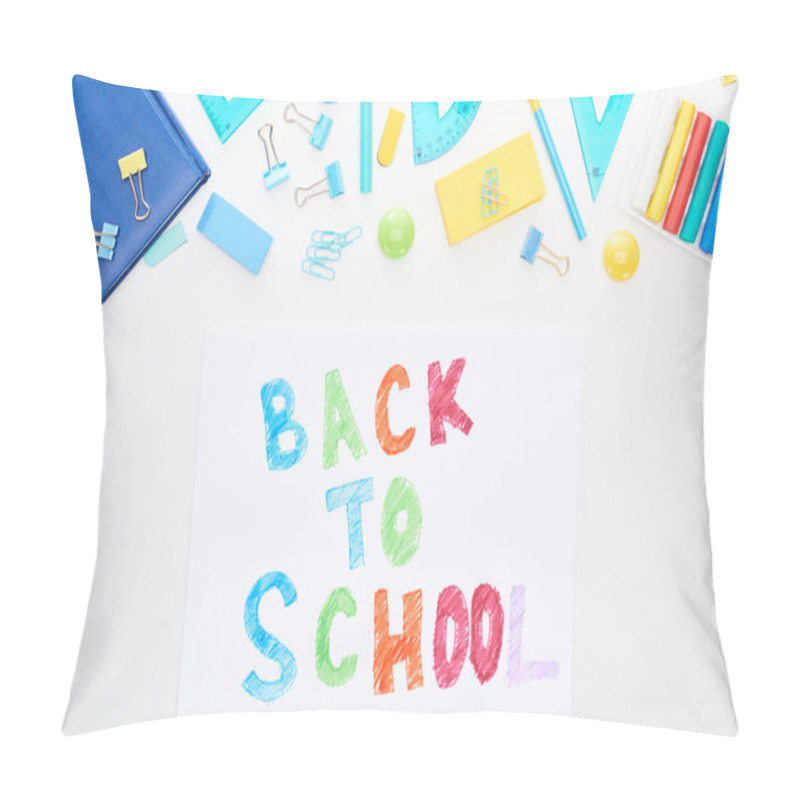 Personality  Top View Of Paper With Back To School Text Near School Supplies Isolated On White Pillow Covers