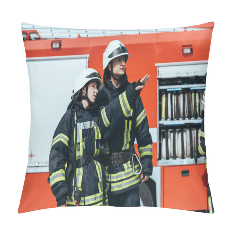 Personality  Firefighters In Protective Uniform Looking Away With Fire Truck Behind On Street Pillow Covers