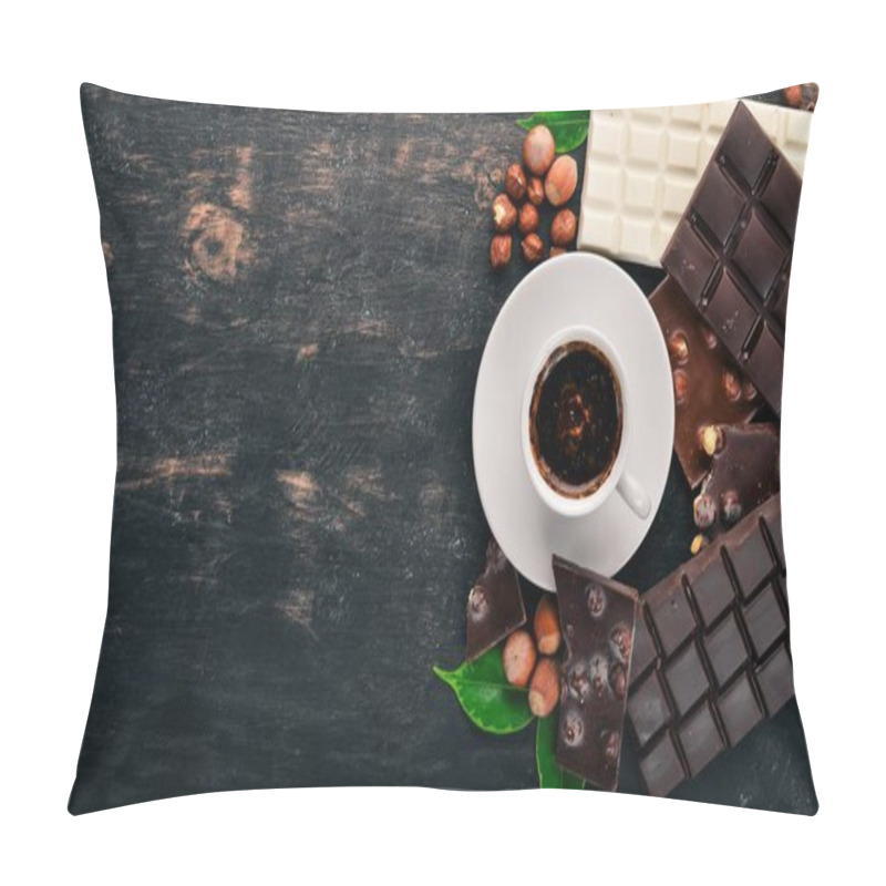 Personality  A Cup Of Coffee And A Set Of Chocolate With Cookies And Sweets. On A Black Wooden Background. Top View. Copy Space For Text. Pillow Covers