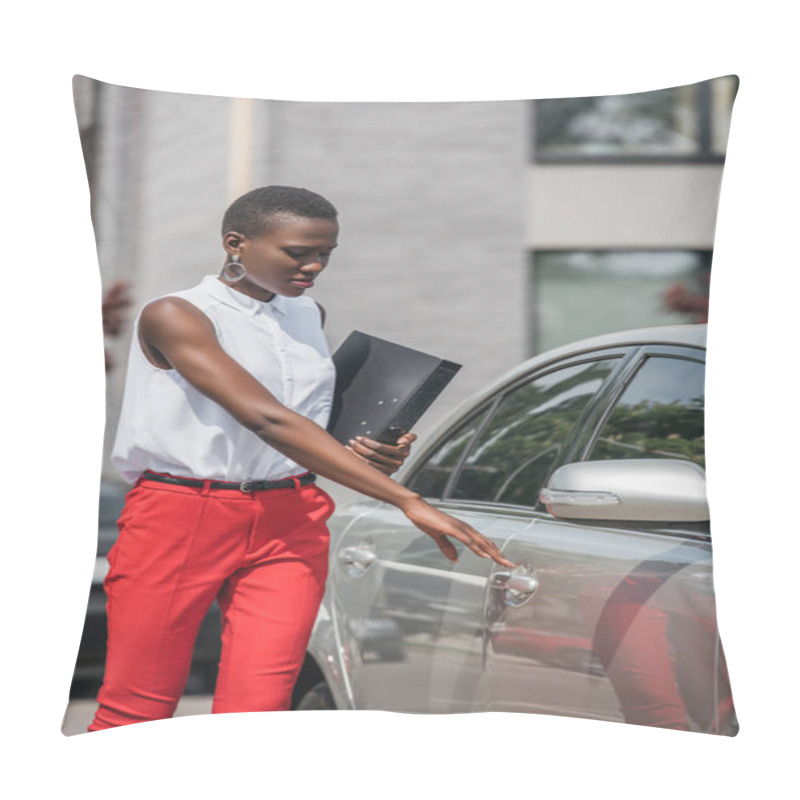 Personality  Stylish Attractive African American Businesswoman Opening Taxi Door On Street Pillow Covers