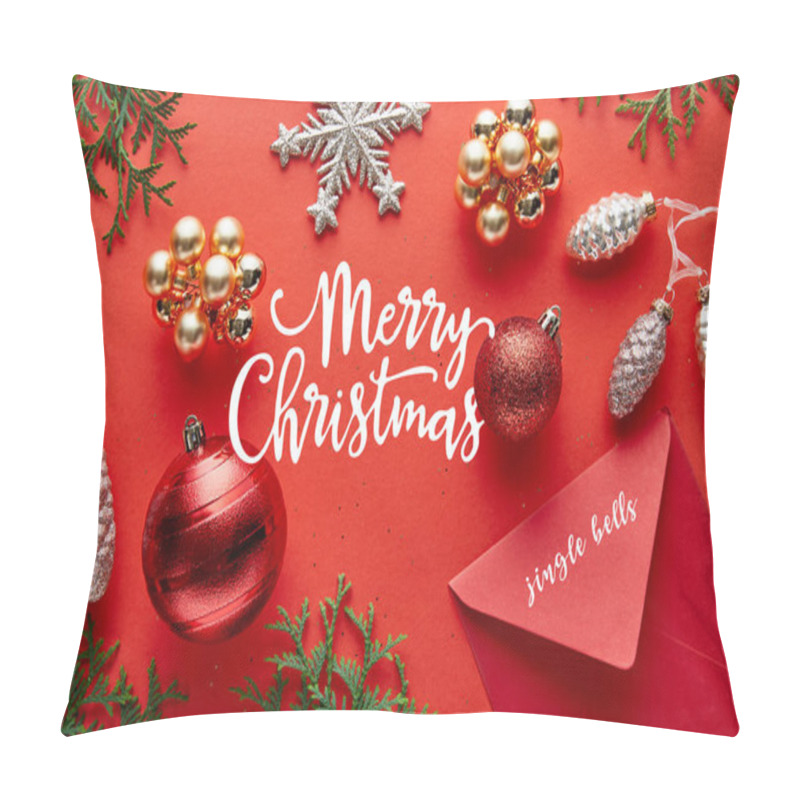 Personality  Top View Of Shiny Christmas Decoration, Envelope And Thuja On Red Background With Merry Christmas Illustration Pillow Covers