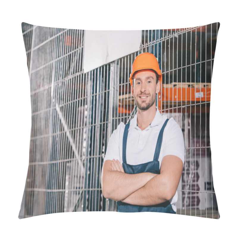 Personality  Handsome Loader Smiling At Camera While Standing With Crossed Arms Pillow Covers