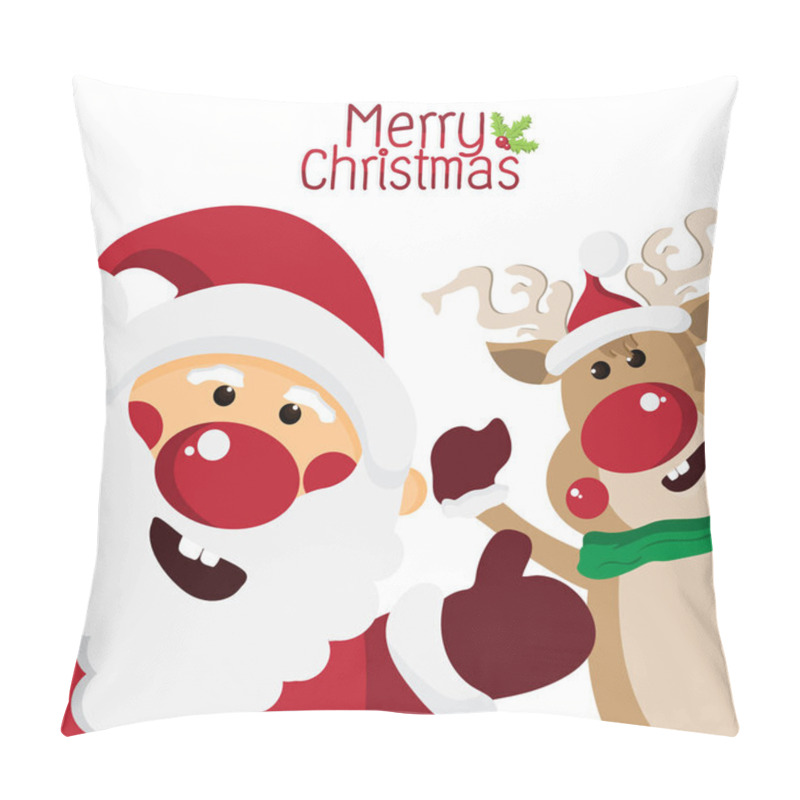 Personality  Happy Santa Claus And Cute Reindeer Making Hand Thumbs Up ,cartoon Characters For Christmas Greeting,Happy New Year Concept,design For Card And Poster,Vector Illustration. Pillow Covers