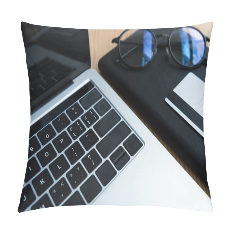 Personality  Close-up View Of Laptop, Eyeglasses, Notebook And Credit Card On Table Pillow Covers