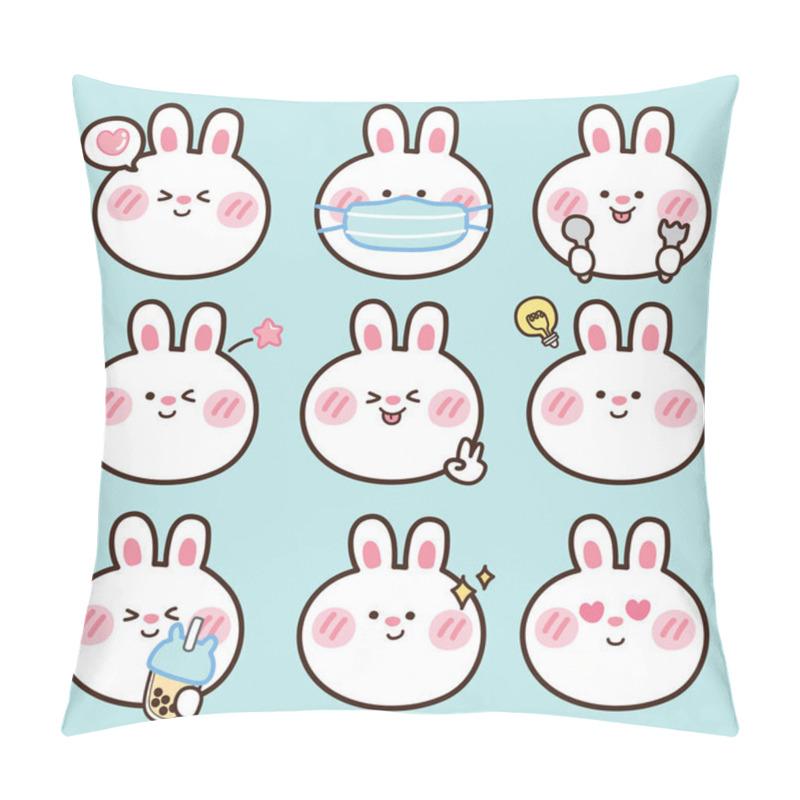 Personality  Vector Illustration Set Of Cute Animal In Cartoon On Blue Background.Rabbit Heads Various Mood In Flat Style.Bunny Face Hand Drawn.Doodle.Kawaii.Sticker. Pillow Covers