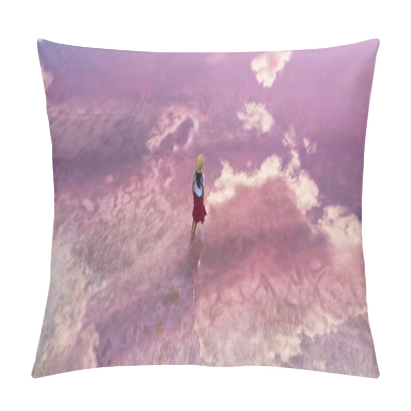 Personality  Aerial View Girl Walking In Water Of Pink Lake With Calm Surface And Clouds Reflections. Pillow Covers