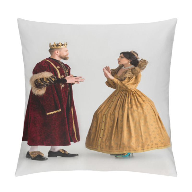 Personality  Side View Of Shocked Queen Showing No Gesture To King With Crown On Grey Background  Pillow Covers