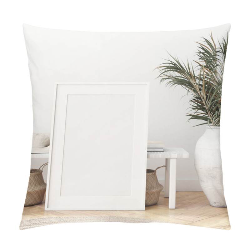 Personality  Mock Up Poster In Scandinavian Interior With Bench, Baskets And Palm Branches In Pots, 3d Render Pillow Covers