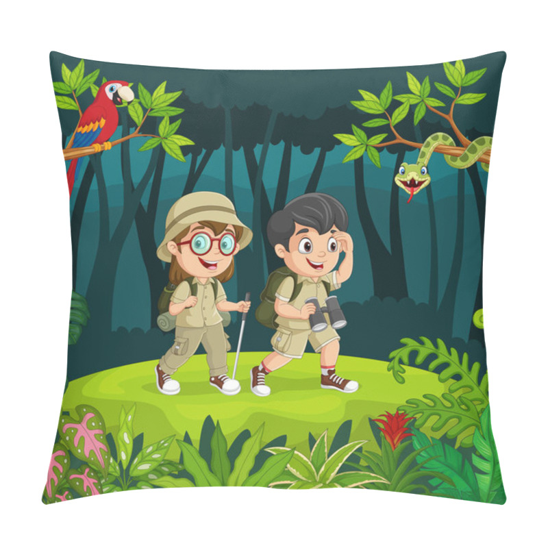 Personality  Vector Illustration Of Cartoon Explorer Kids With Animals In The Jungle Pillow Covers