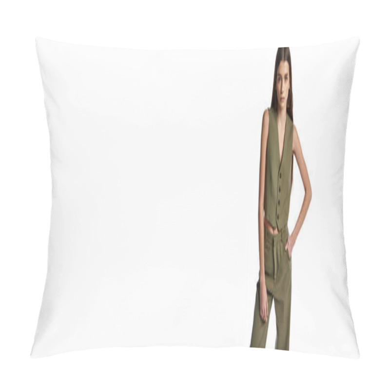 Personality  A Fashionable Woman With Long Dark Hair Elegantly Poses In A Green Jumpsuit Against A Pure White Background. Pillow Covers