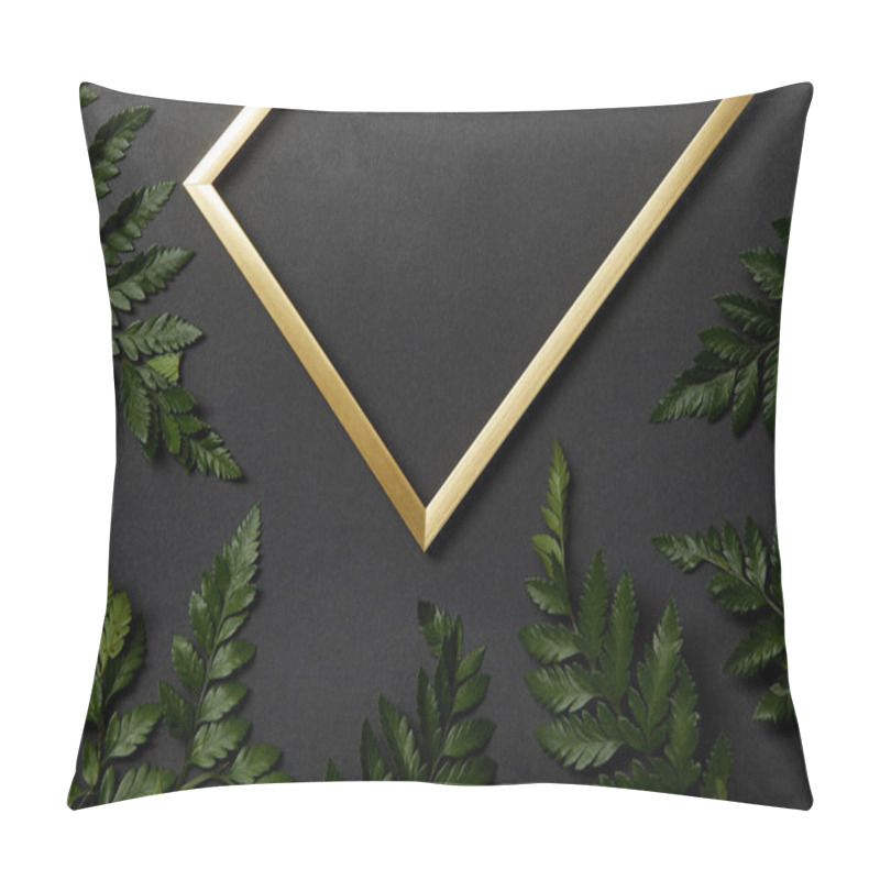 Personality  Top View Of Empty Golden Frame On Black Background With Green Fern Leaves Pillow Covers