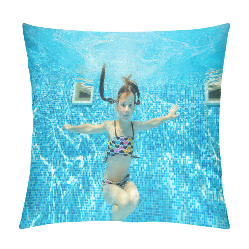 Personality  Girl Jumps And Swims In Pool Underwater, Happy Active Child Has Fun In Water, Kid Sport On Family Vacation Pillow Covers