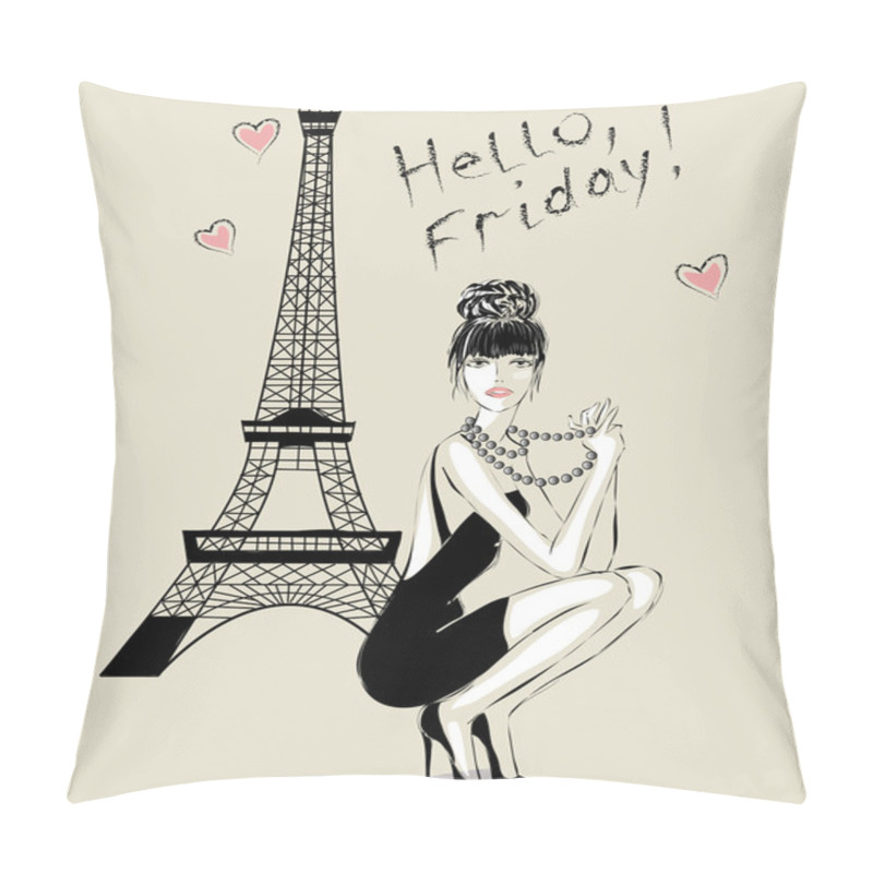 Personality  Hello, Paris. Fashion Girl Near Eiffel Tower Pillow Covers