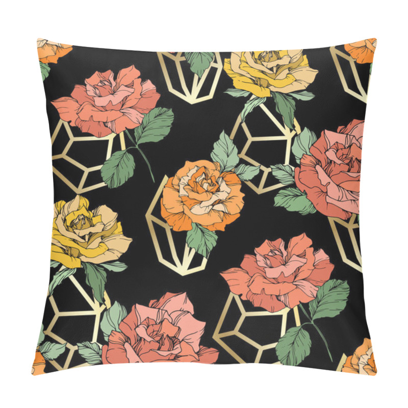 Personality  Orange, Yellow And Coral Roses. Engraved Ink Art. Seamless Background Pattern. Fabric Wallpaper Print Texture On Black Background. Pillow Covers