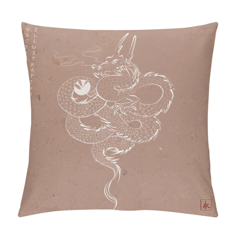 Personality  Hand Drawn Image Of Oriental Dragon On Brown Parcel Paper Background. Translation Of Hieroglyph - Eternity. Pillow Covers