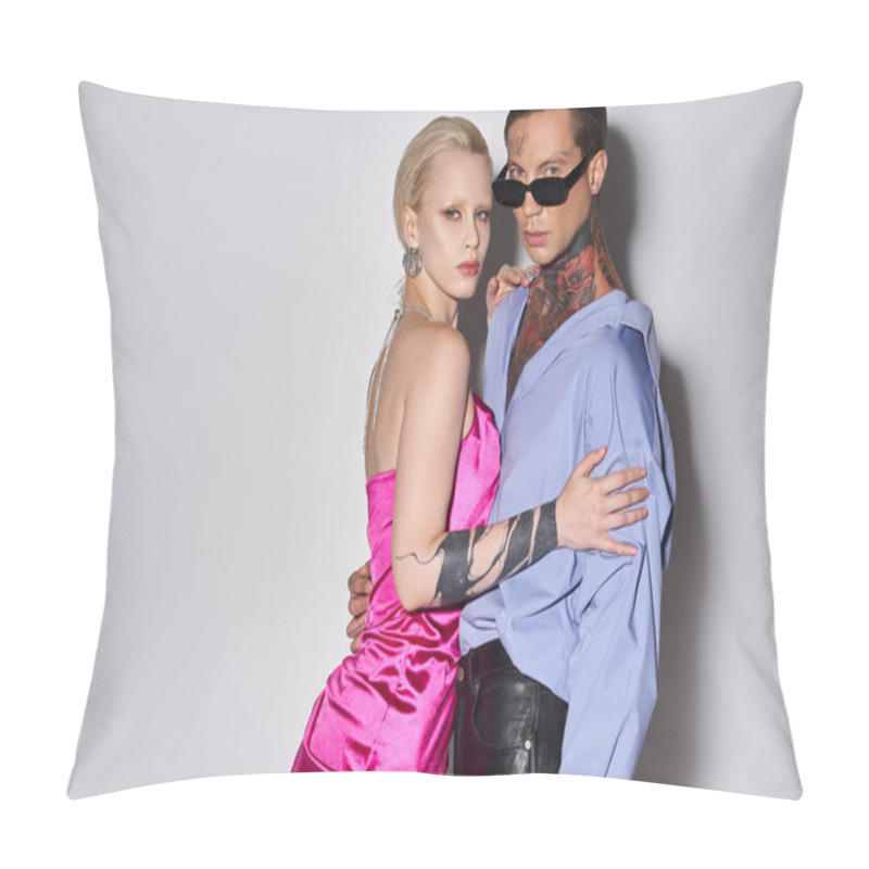 Personality  Blonde Woman In Pink Dress Hugging With Tattooed Boyfriend In Sunglasses On Grey, New Year 2024 Pillow Covers