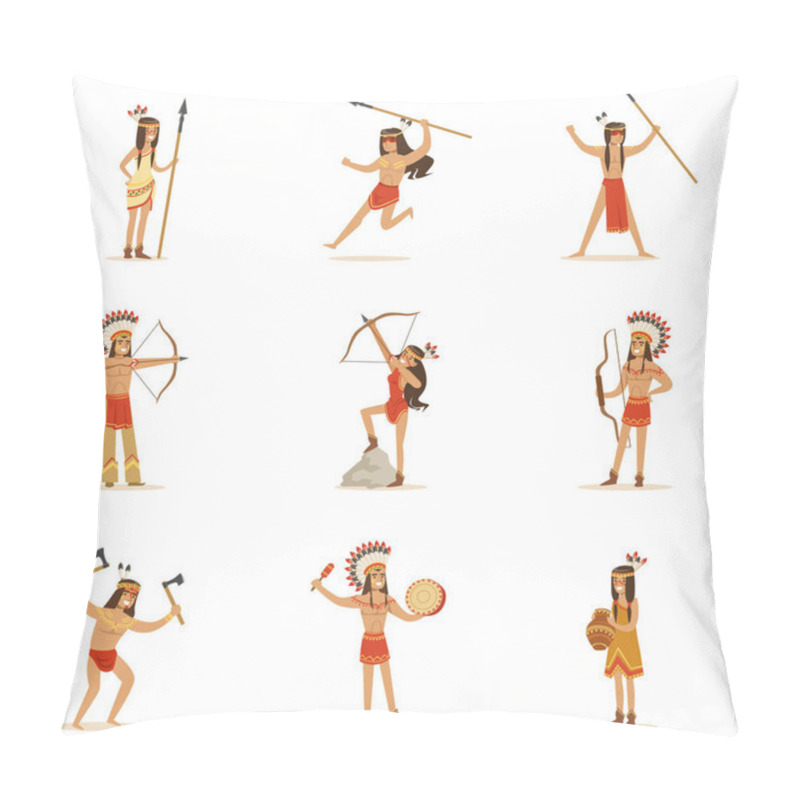 Personality  Native American Tribe Members In Traditional Indian Clothing With Weapons And Other Cultural Objects Series Of Cartoon Characters Pillow Covers