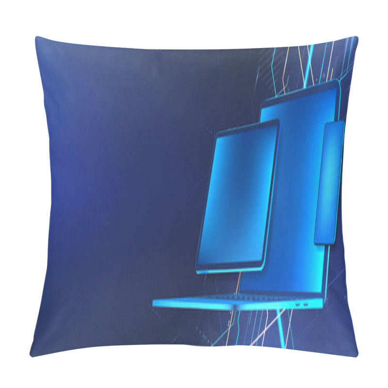 Personality  Digital Tech Concept. Blue Gadgets  Pillow Covers