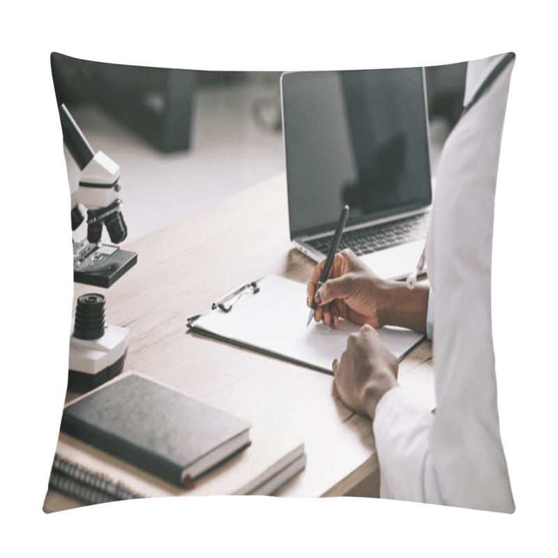 Personality  Cropped View Of African American Scientist Writing On Paper Near Laptop With Blank Screen  Pillow Covers