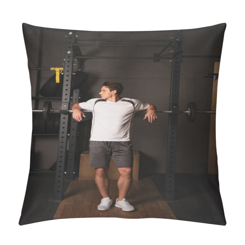 Personality  Full Length View Of Man In Sportswear Standing Near Weightlifting Exercising Machine In Gym Pillow Covers