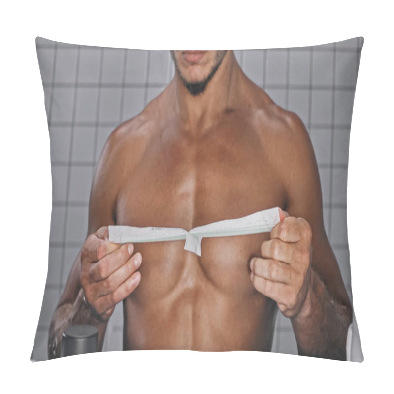 Personality  Partial View Of Shirtless Man Holding Wax Strip On Chest In Bathroom  Pillow Covers