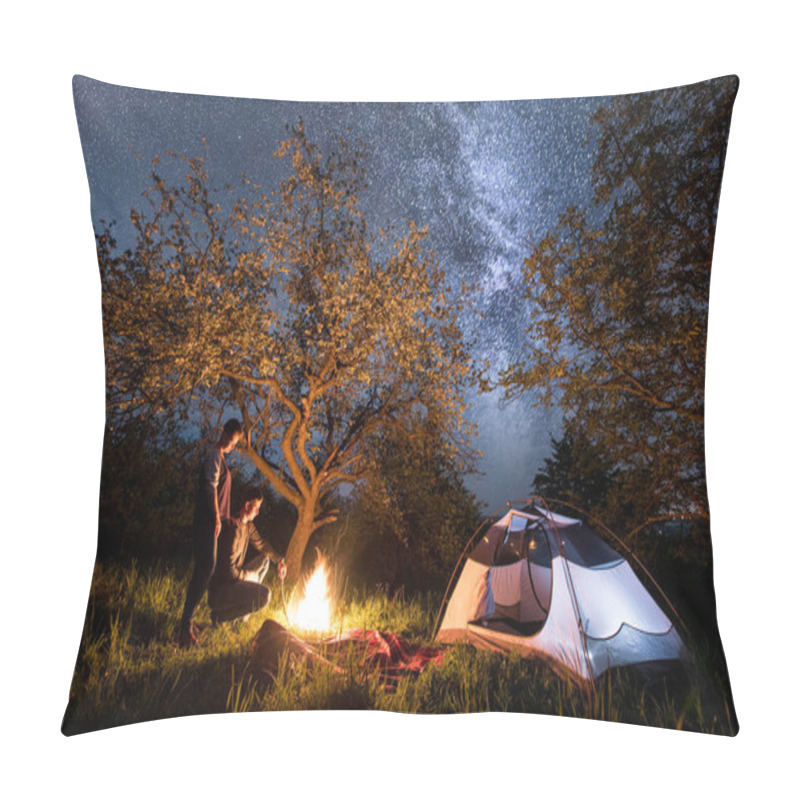 Personality  Couple Tourists At A Campfire Near Tent Pillow Covers