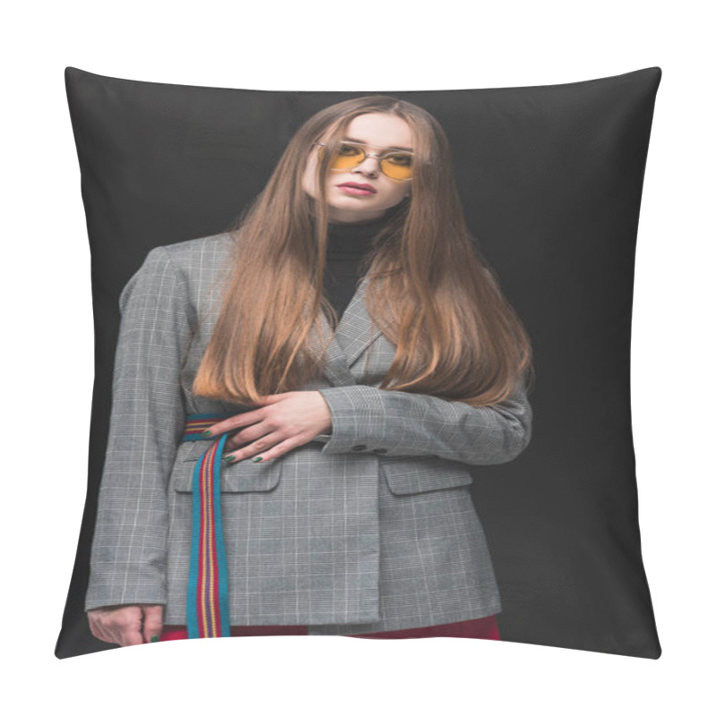 Personality  Woman In Gray Jacket And Yellow Sunglasses Pillow Covers