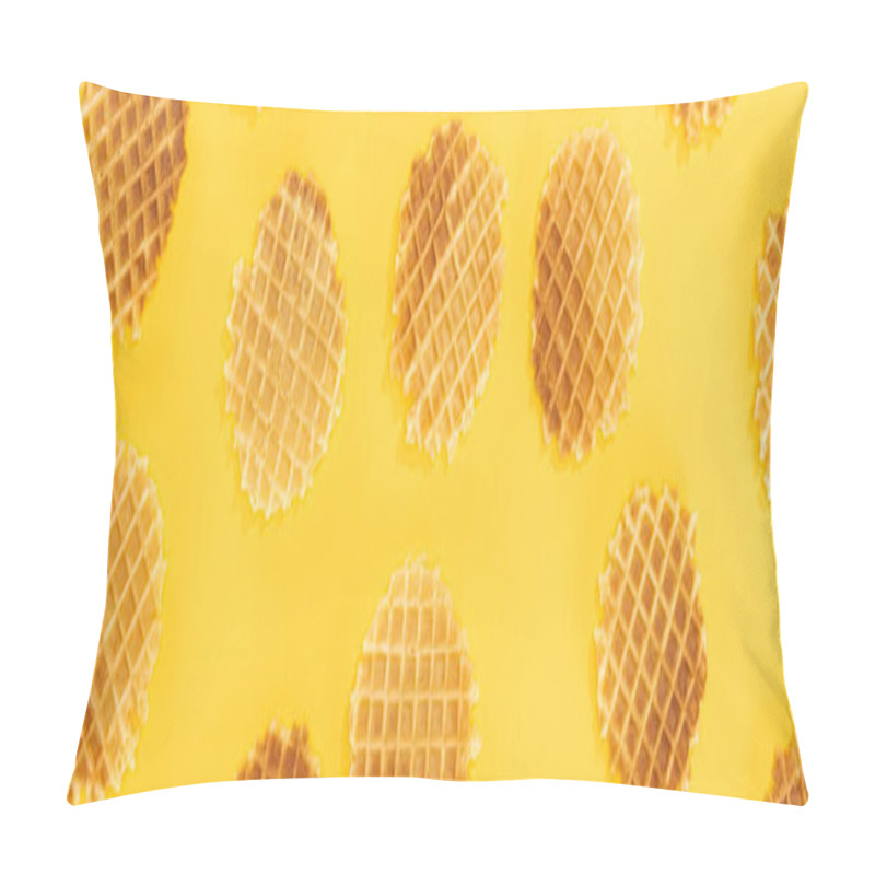 Personality  Panoramic Shot Of Crispy Waffles Isolated On Yellow Pillow Covers