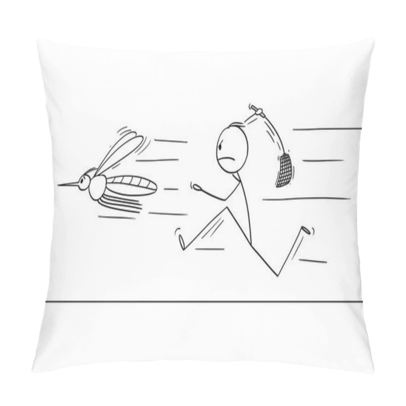 Personality  Vector Cartoon Of Man Or Businessman Chasing Big Mosquito Or Insect With Swatter, Flapper Or Fly-flap Pillow Covers