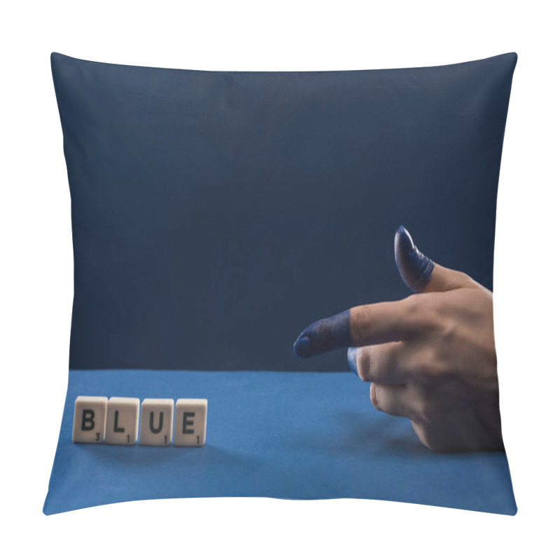 Personality  Cropped View Of Female Hand With Painted Fingers Pointing At Cubes With Blue Lettering Isolated On Blue Pillow Covers