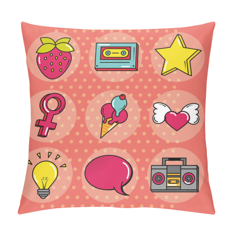 Personality  Pop Art Comic Style, Fashion Retro Flat Icons Set Pillow Covers