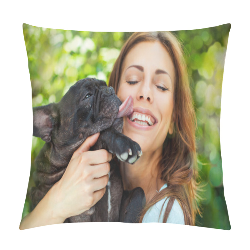 Personality  Happy Woman With French Bulldog Pillow Covers