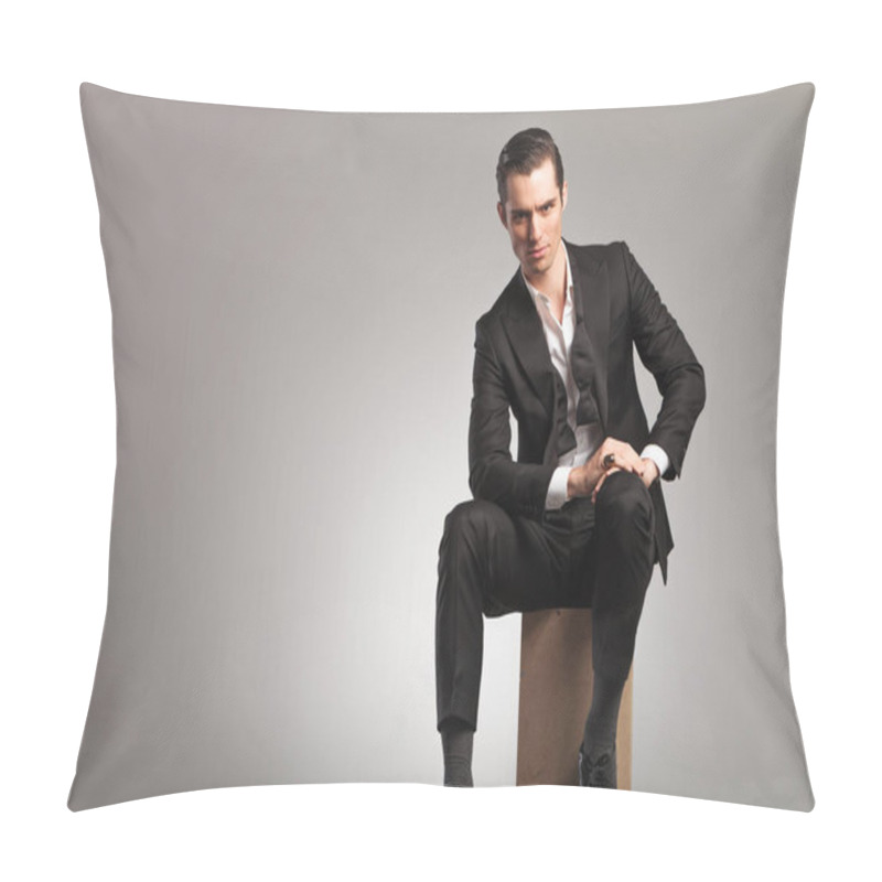 Personality  Elegant Man Sitting On Wooden Box With Undone Bowtie Pillow Covers