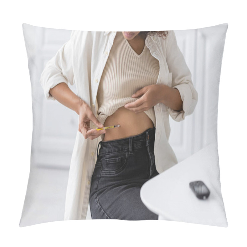 Personality  Cropped View Of African American Woman Doing Insulin Injection In Belly Near Glucometer In Kitchen  Pillow Covers